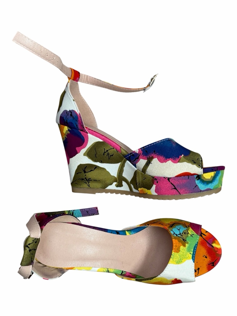Floral Multicolor Ankle-Strap Wedge Sandals - Multicolor